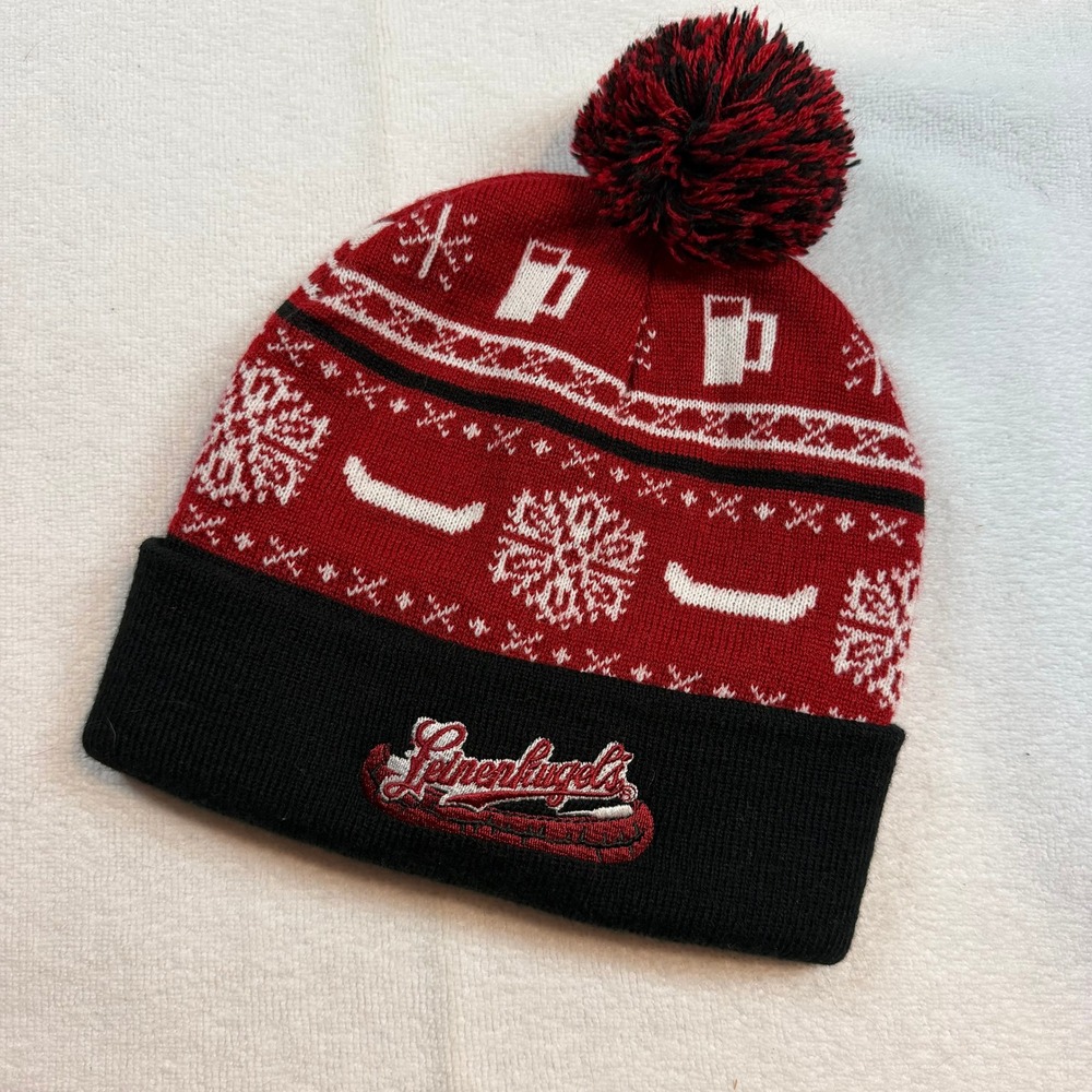 Leinenkugels Beer Beanie Hat Red Black Fair Isle Knit Pom Cuffed Winter Cap